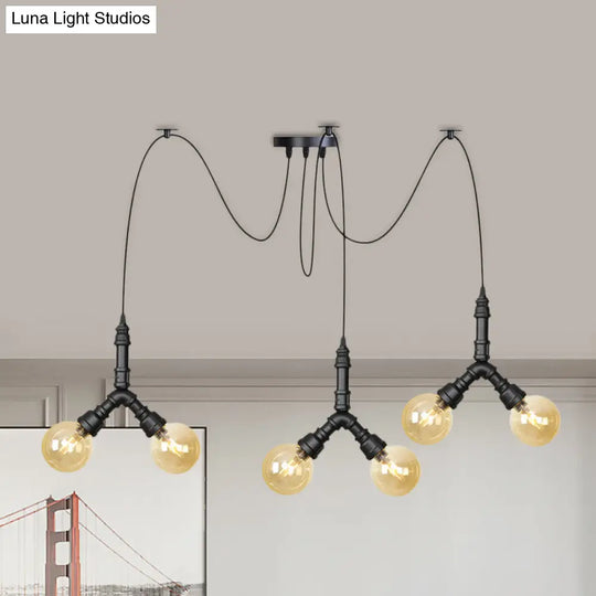 Industrial Amber Glass Globe Swag Ceiling Light With Led - 4/6/12 Lights For Restaurant And Home In