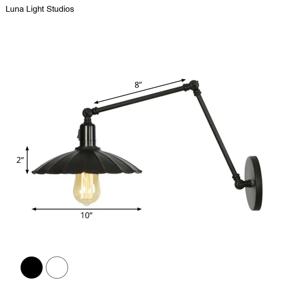 Industrial Swing Arm Wall Lamp: 1-Light Iron Light In Black/White Cone/Saucer/Scalloped Design For