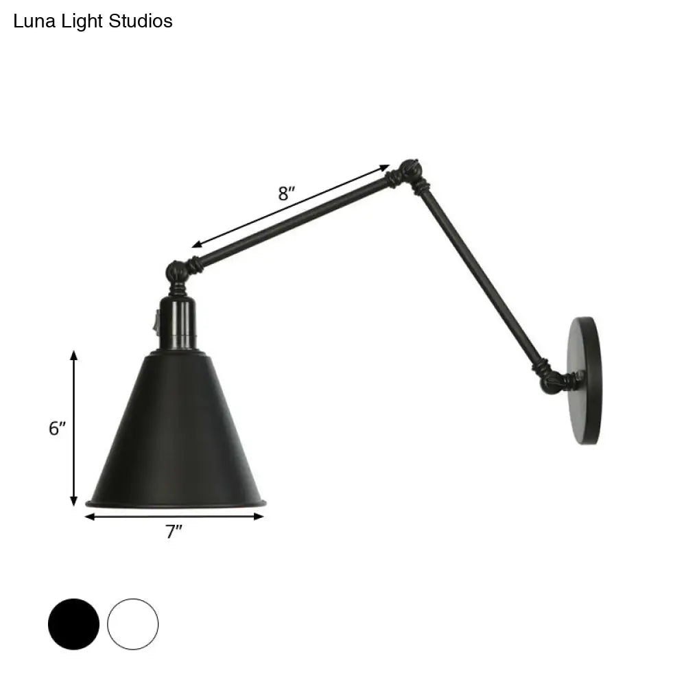 Industrial Swing Arm Wall Lamp: 1-Light Iron Light In Black/White Cone/Saucer/Scalloped Design For