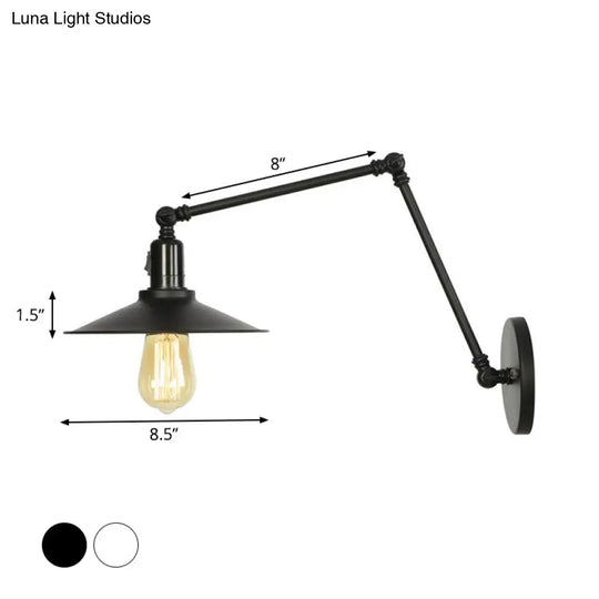 Industrial Swing Arm Wall Lamp: 1-Light Iron Light In Black/White Cone/Saucer/Scalloped Design For