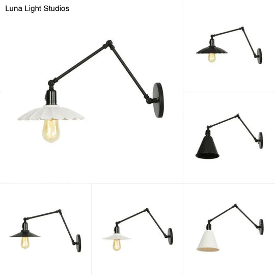 Industrial Swing Arm Wall Lamp: 1-Light Iron Light In Black/White Cone/Saucer/Scalloped Design For