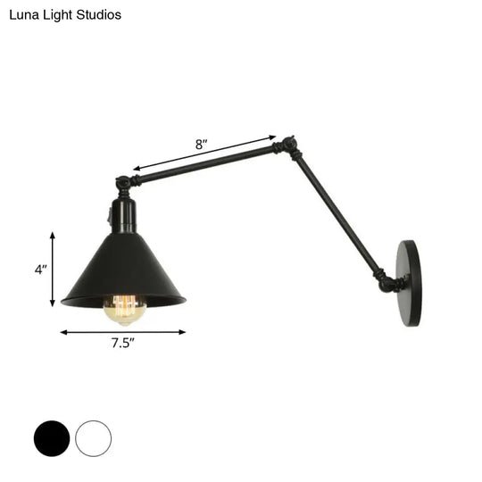 Industrial Swing Arm Wall Lamp: 1-Light Iron Light In Black/White Cone/Saucer/Scalloped Design For