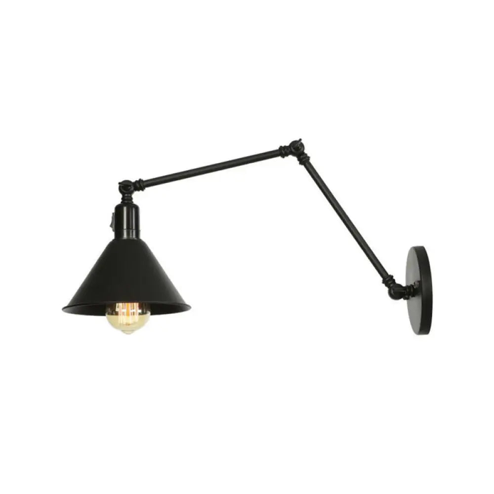 Industrial Swing Arm Wall Lamp: 1-Light Iron Light In Black/White Cone/Saucer/Scalloped Design For