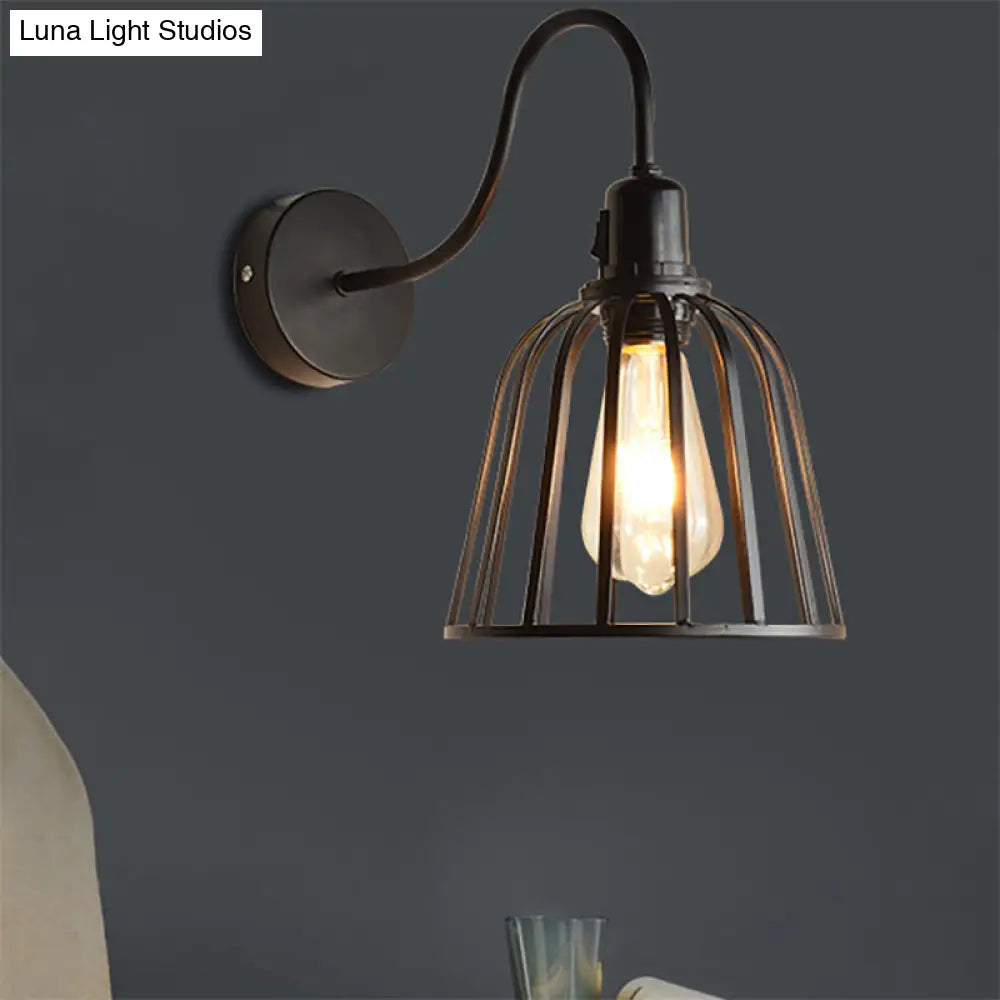 Industrial Swing Arm Wall Lamp With Metallic Wire Cage - Bedroom Lighting In Black