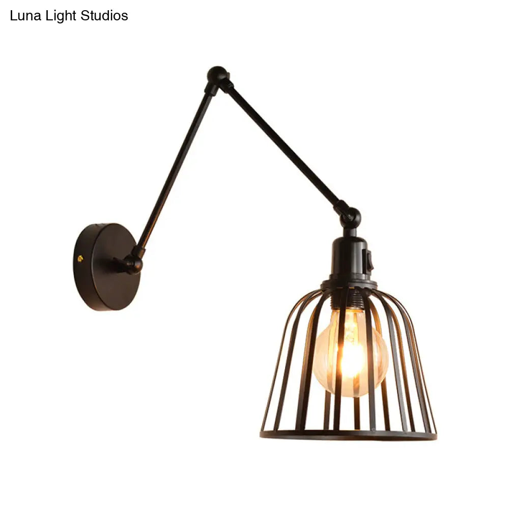 Industrial Swing Arm Wall Lamp With Metallic Wire Cage - Bedroom Lighting In Black