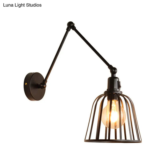 Industrial Swing Arm Wall Lamp With Metallic Wire Cage - Bedroom Lighting In Black