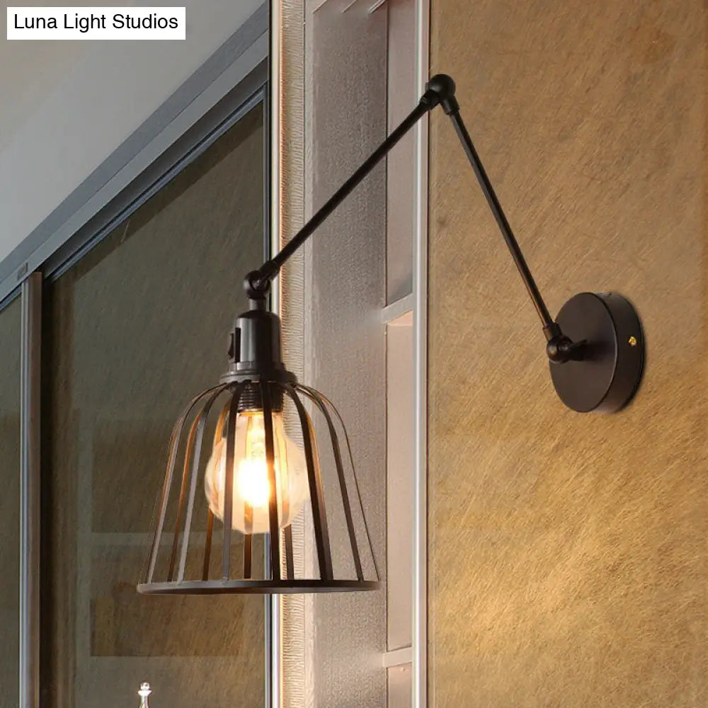 Industrial Swing Arm Wall Lamp With Metallic Wire Cage - Bedroom Lighting In Black