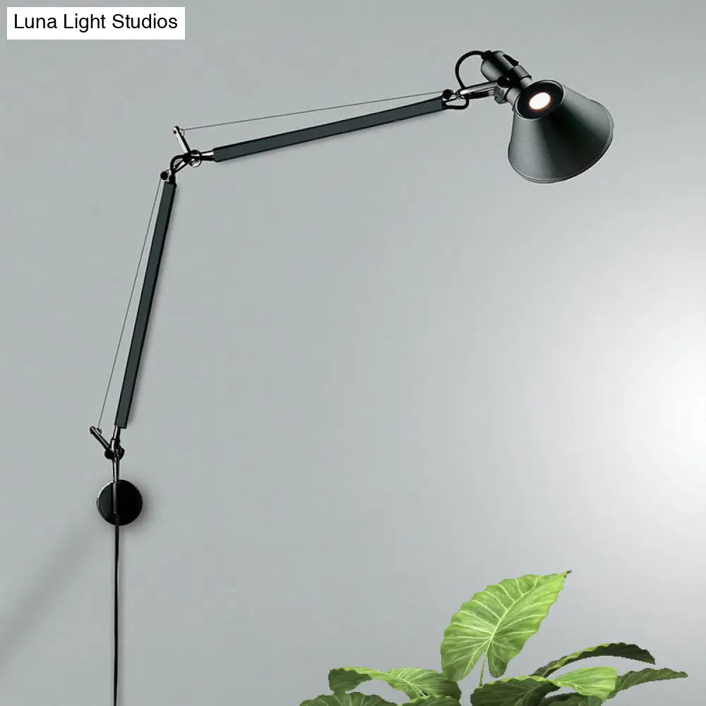 Industrial Swing Arm Wall Mounted Lamp With Cone Shade - 1 Bulb Black/Silver Aluminum