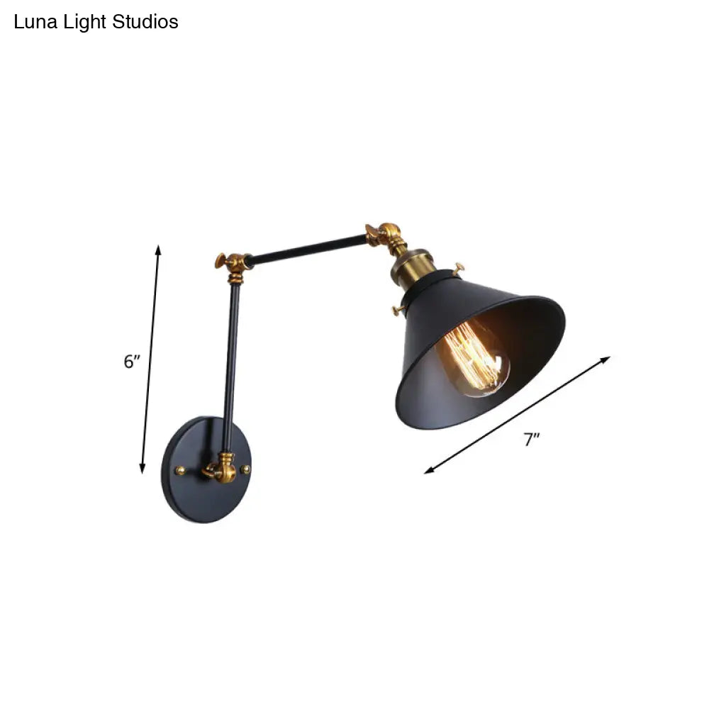 Industrial Swing Arm Wall Sconce - Conic Study Room Lamp (1 Bulb) Black/Brass Metallic Finish