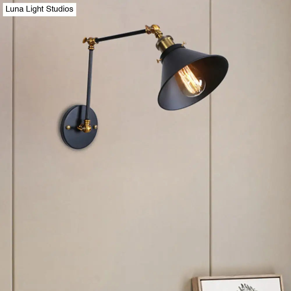 Industrial Swing Arm Wall Sconce - Conic Study Room Lamp (1 Bulb) Black/Brass Metallic Finish