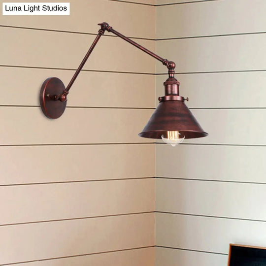 Industrial Swing Arm Wall Sconce - Conic Study Room Lamp (1 Bulb) Black/Brass Metallic Finish