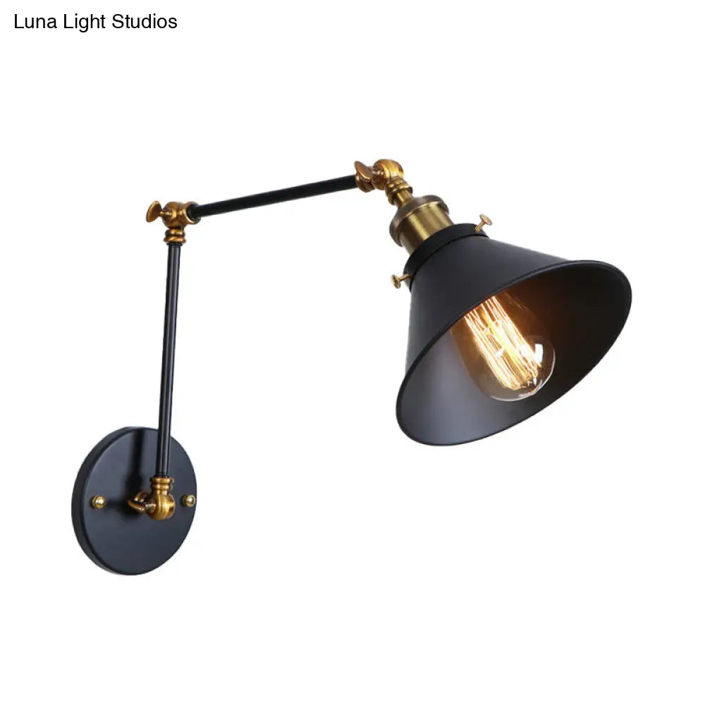 Industrial Swing Arm Wall Sconce - Conic Study Room Lamp (1 Bulb) Black/Brass Metallic Finish