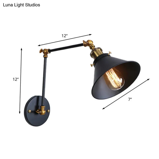 Industrial Swing Arm Wall Sconce - Conic Study Room Lamp (1 Bulb) Black/Brass Metallic Finish