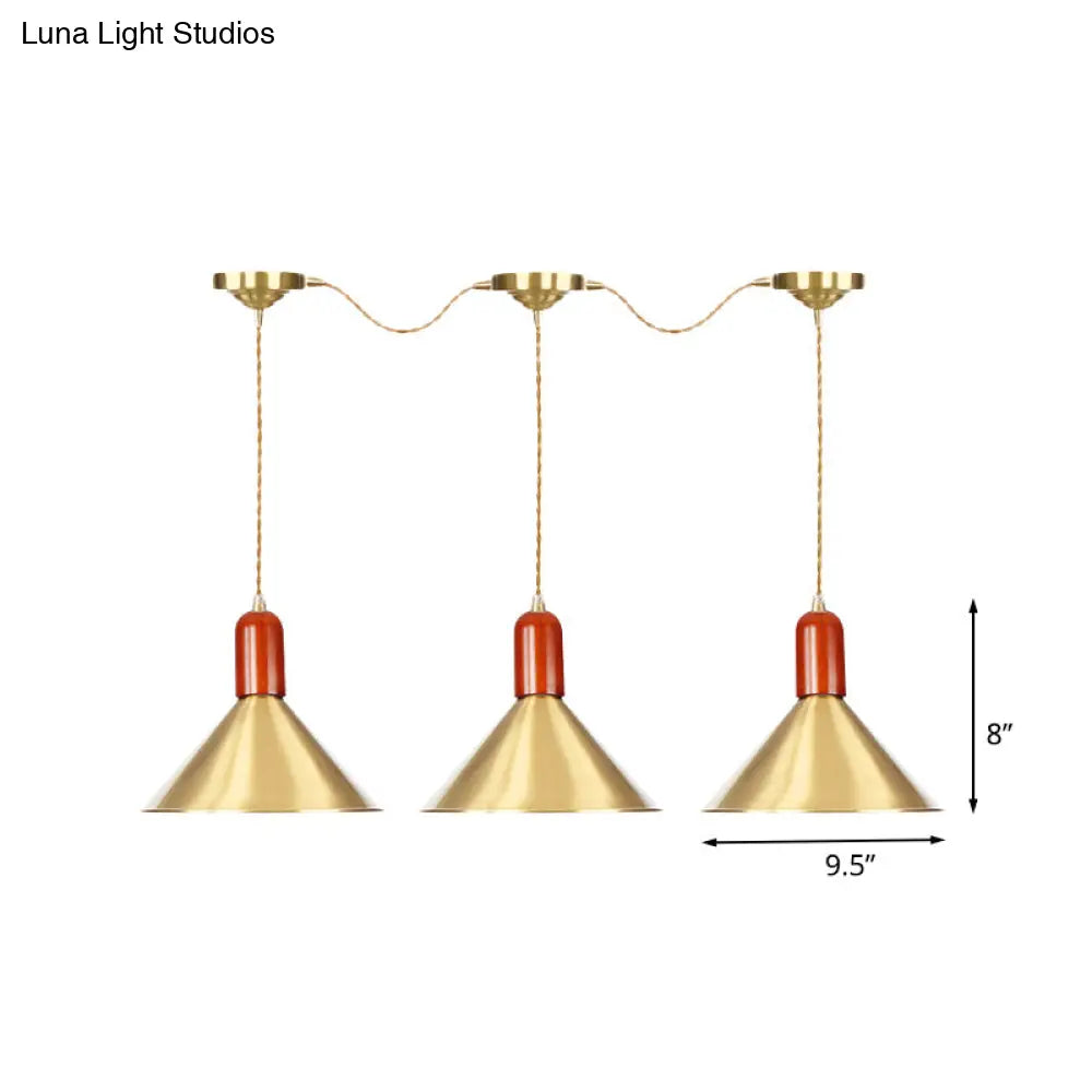 Industrial Tandem Pendant Ceiling Lamp - Conical Metallic Gold Finish 3/5/7 Lights