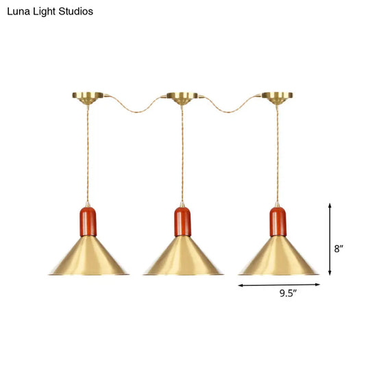 Industrial Tandem Pendant Ceiling Lamp - Conical Metallic Gold Finish 3/5/7 Lights