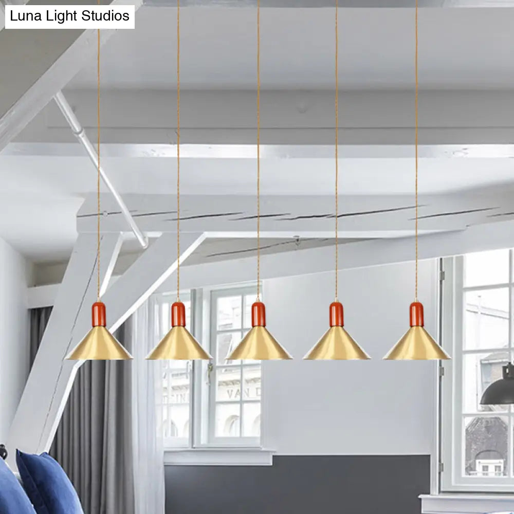 Industrial Tandem Pendant Ceiling Lamp - Conical Metallic Gold Finish 3/5/7 Lights