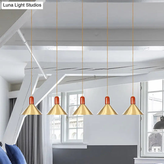 Industrial Tandem Pendant Ceiling Lamp - Conical Metallic Gold Finish 3/5/7 Lights