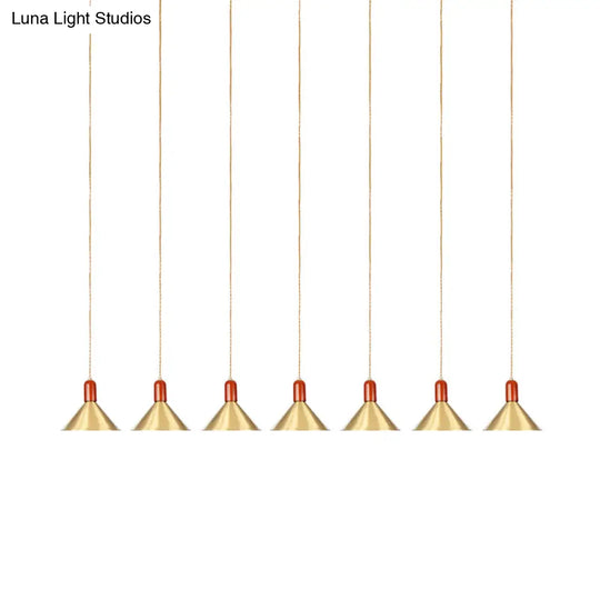 Industrial Tandem Pendant Ceiling Lamp - Conical Metallic Gold Finish 3/5/7 Lights