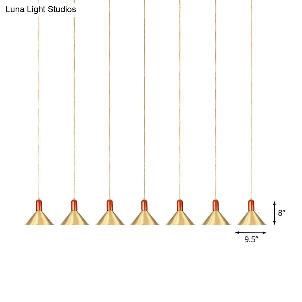 Industrial Tandem Pendant Ceiling Lamp - Conical Metallic Gold Finish 3/5/7 Lights