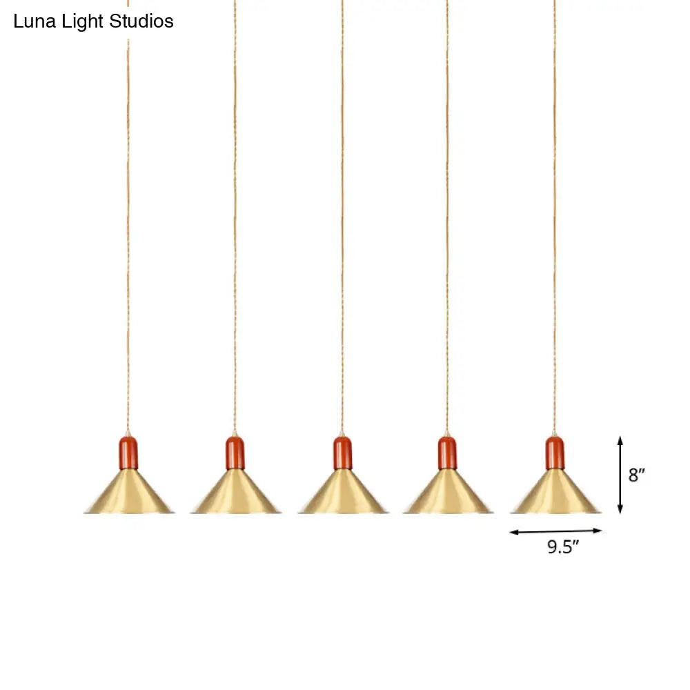 Industrial Tandem Pendant Ceiling Lamp - Conical Metallic Gold Finish 3/5/7 Lights