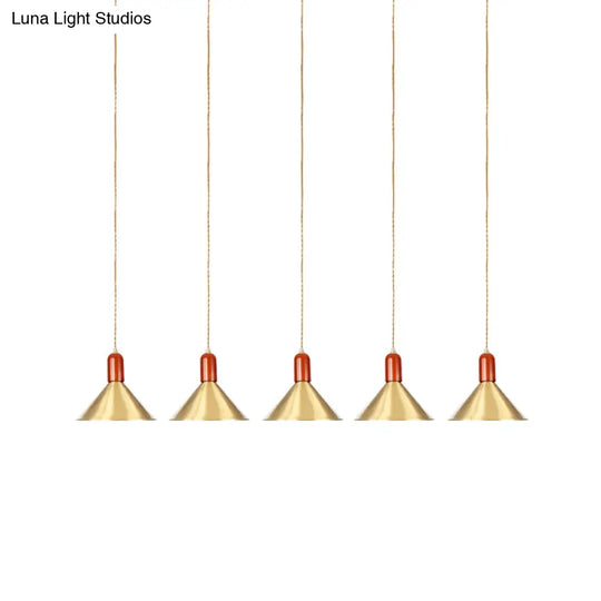 Industrial Tandem Pendant Ceiling Lamp - Conical Metallic Gold Finish 3/5/7 Lights