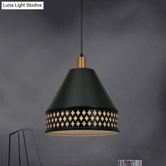 Industrial Taper Ceiling Pendant Lamp - Single Bulb Iron Hanging Light Kit Black With Cutout Edge