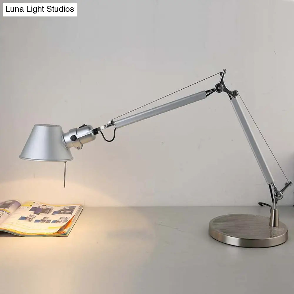 Industrial Telescopic Table Lamp: Silver Metal Reading Light With Tapered Shade