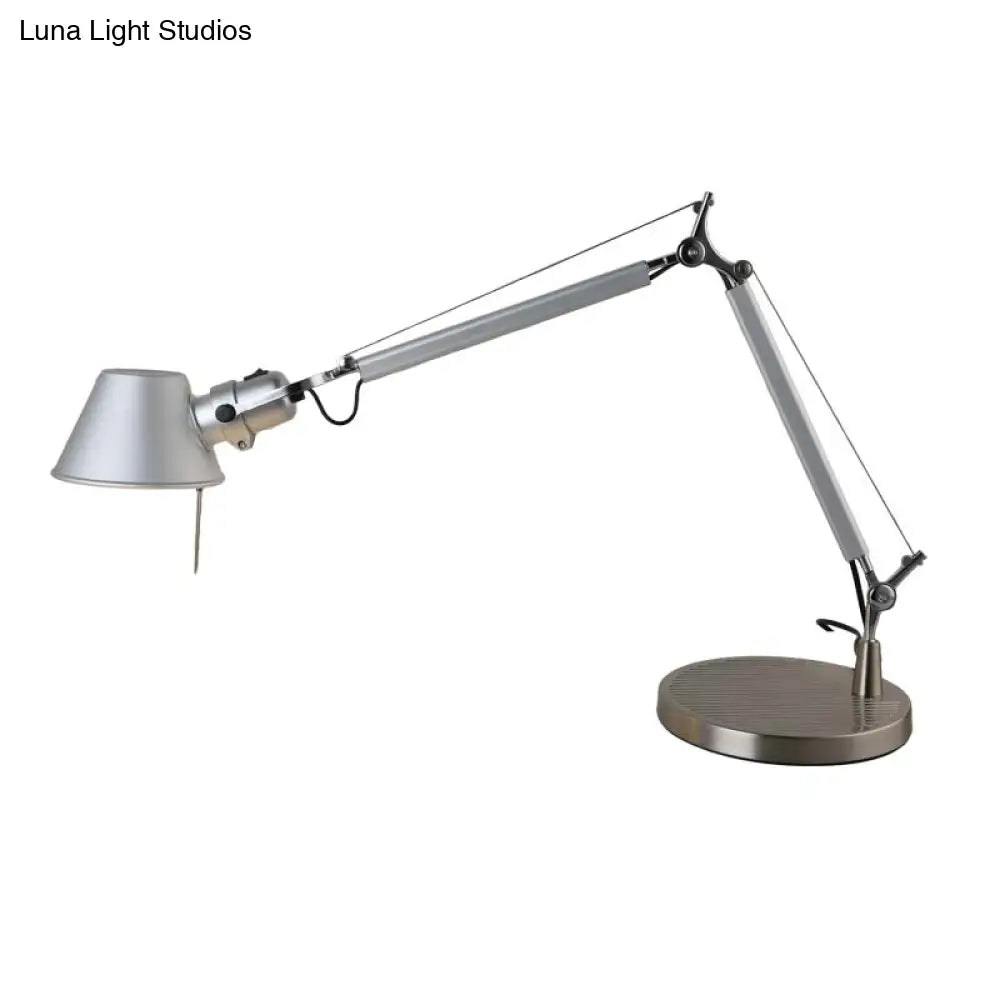 Industrial Telescopic Table Lamp: Silver Metal Reading Light With Tapered Shade