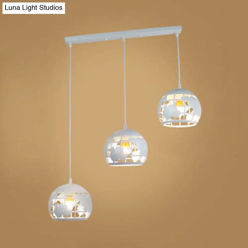 Industrial Tellurion Cage Pendant Light - 3 Lights Metal Suspension White/Blue Round/Linear Canopy