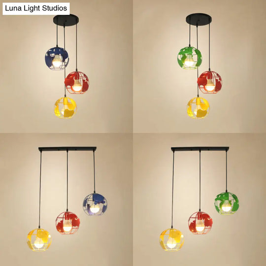 Industrial Tellurion Cage Pendant Light - 3 Lights Metal Suspension White/Blue Round/Linear Canopy