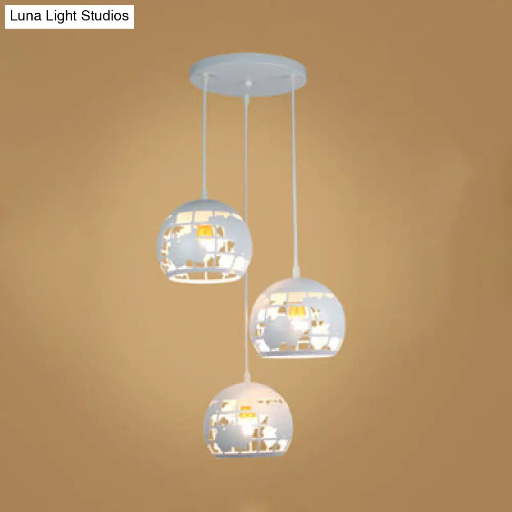 Industrial Tellurion Cage Pendant Light - 3 Lights Metal Suspension White/Blue Round/Linear Canopy