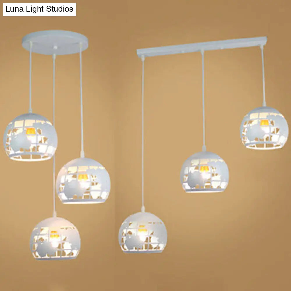 Industrial Tellurion Cage Pendant Light - 3 Lights Metal Suspension White/Blue Round/Linear Canopy