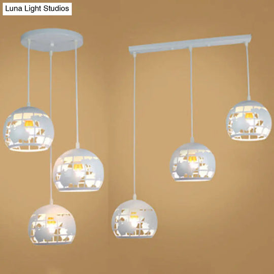 Industrial Tellurion Cage Pendant Light - 3 Lights Metal Suspension White/Blue Round/Linear Canopy