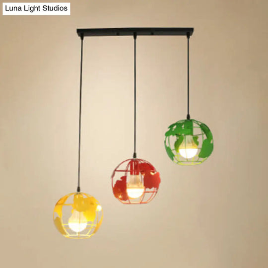 Industrial Tellurion Cage Pendant Light - 3 Lights Metal Suspension White/Blue Round/Linear Canopy