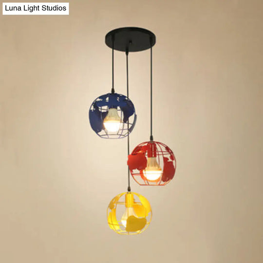 Industrial Tellurion Cage Pendant Light - 3 Lights Metal Suspension White/Blue Round/Linear Canopy