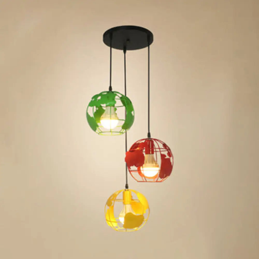 Industrial Tellurion Cage Pendant Light With 3 Lights Metal Suspension In White/Blue Green / Round