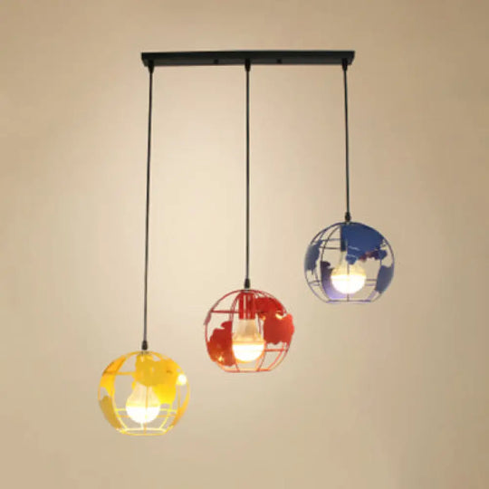 Industrial Tellurion Cage Pendant Light With 3 Lights Metal Suspension In White/Blue Blue / Linear