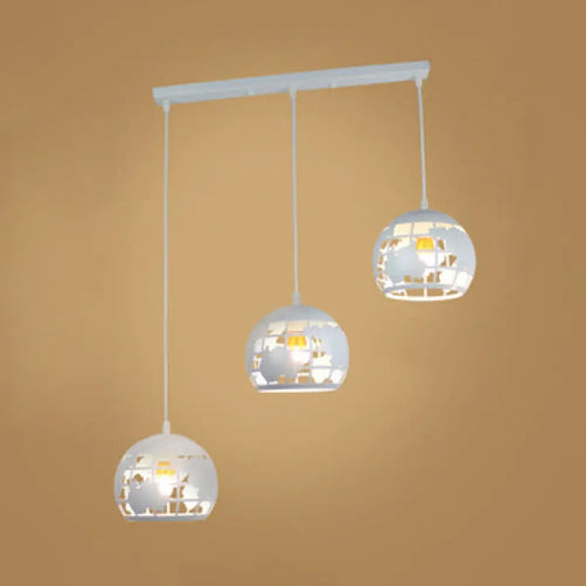 Industrial Tellurion Cage Pendant Light With 3 Lights Metal Suspension In White/Blue White / Linear