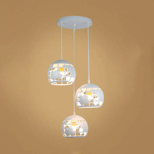 Industrial Tellurion Cage Pendant Light With 3 Lights Metal Suspension In White/Blue White / Round