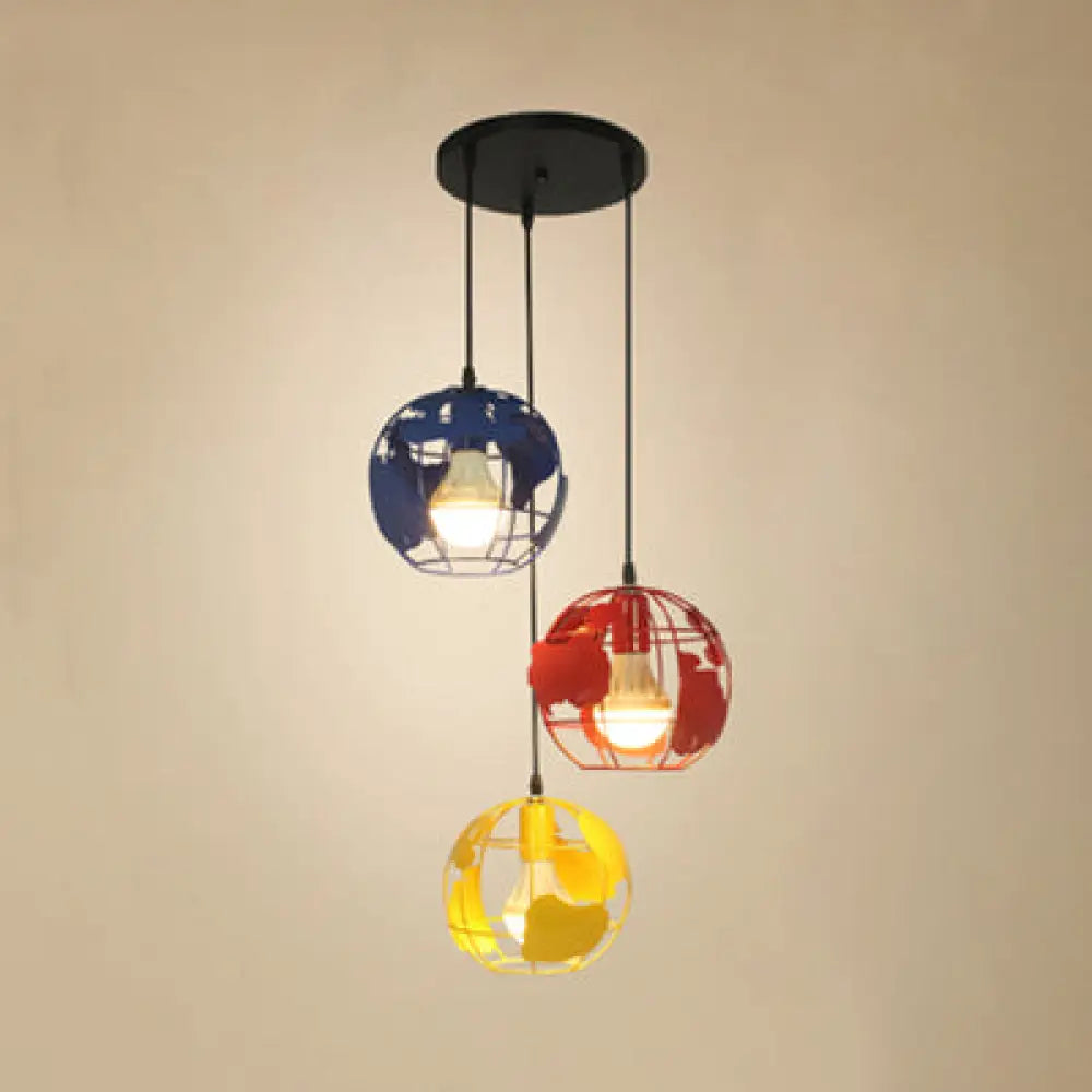 Industrial Tellurion Cage Pendant Light With 3 Lights Metal Suspension In White/Blue Blue / Round