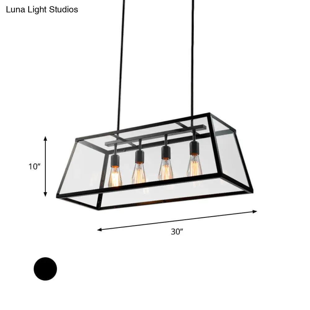 Industrial Trapezoid 4-Light Island Lamp In Black With Clear Glass And Chain/Downrods