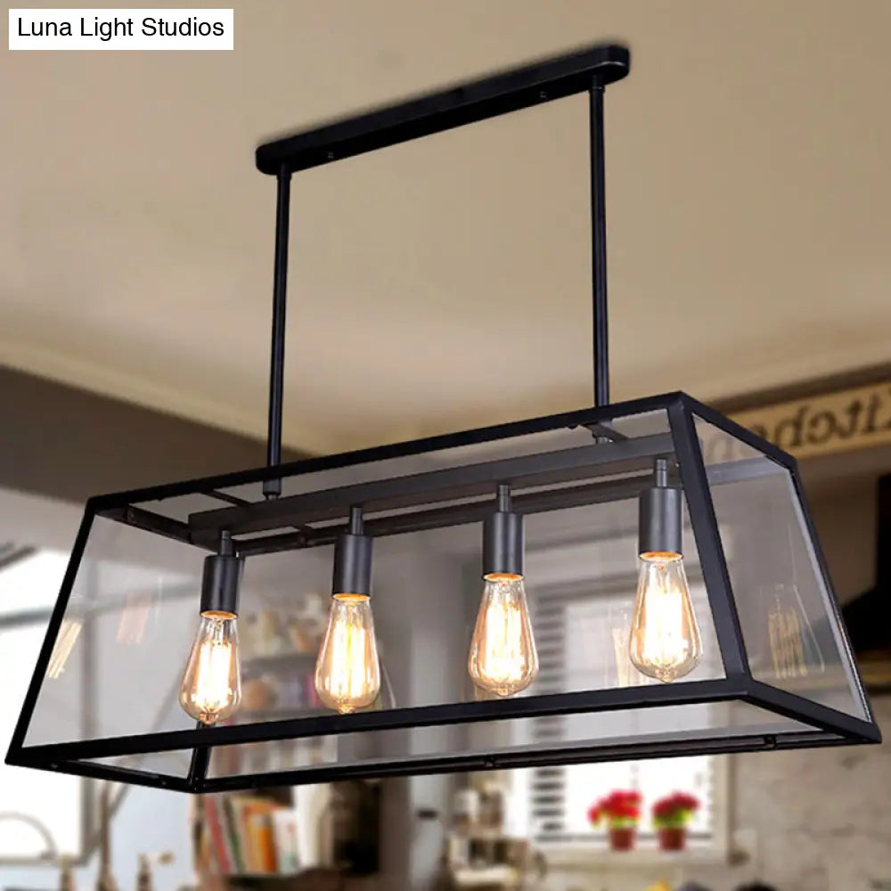 Industrial Trapezoid 4-Light Island Lamp In Black With Clear Glass And Chain/Downrods