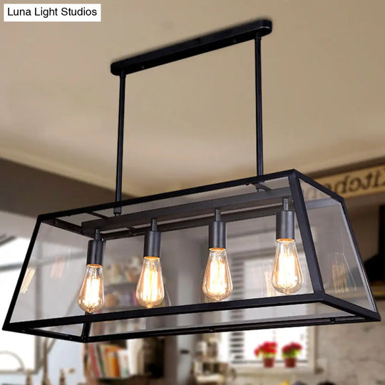 Industrial Trapezoid 4-Light Island Lamp In Black With Clear Glass And Chain/Downrods