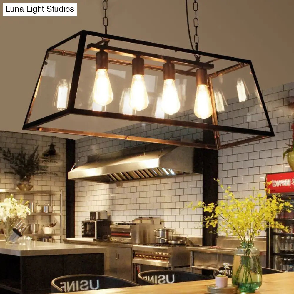 Industrial Trapezoid 4-Light Island Lamp In Black With Clear Glass And Chain/Downrods