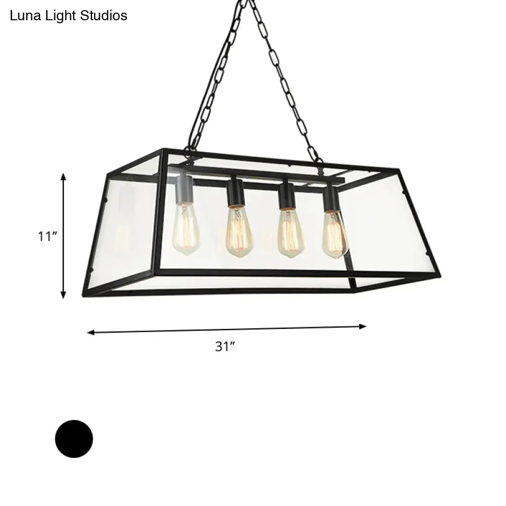 Industrial Trapezoid 4-Light Island Lamp In Black With Clear Glass And Chain/Downrods