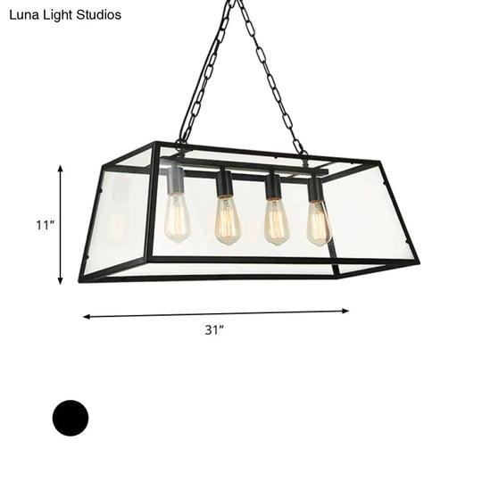 Industrial Trapezoid 4-Light Island Lamp In Black With Clear Glass And Chain/Downrods