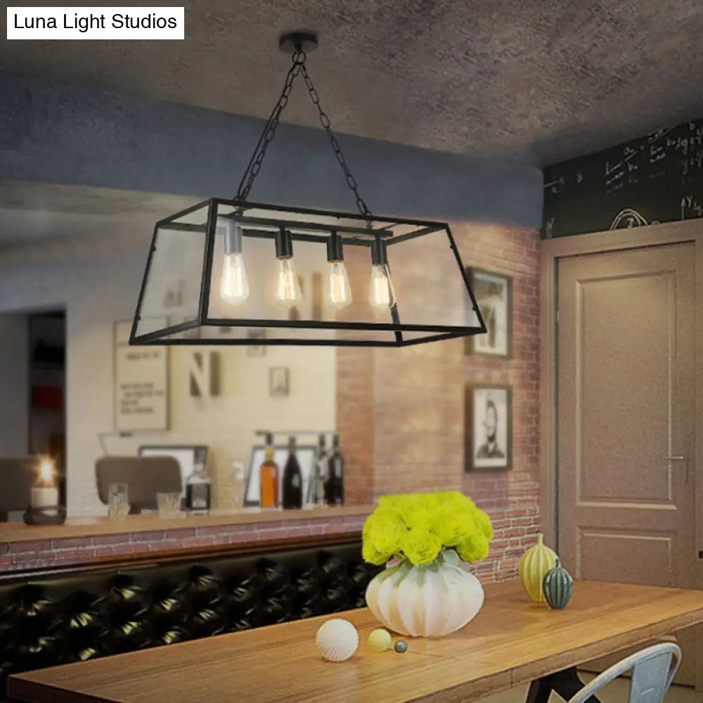 Industrial Trapezoid 4-Light Island Lamp In Black With Clear Glass And Chain/Downrods