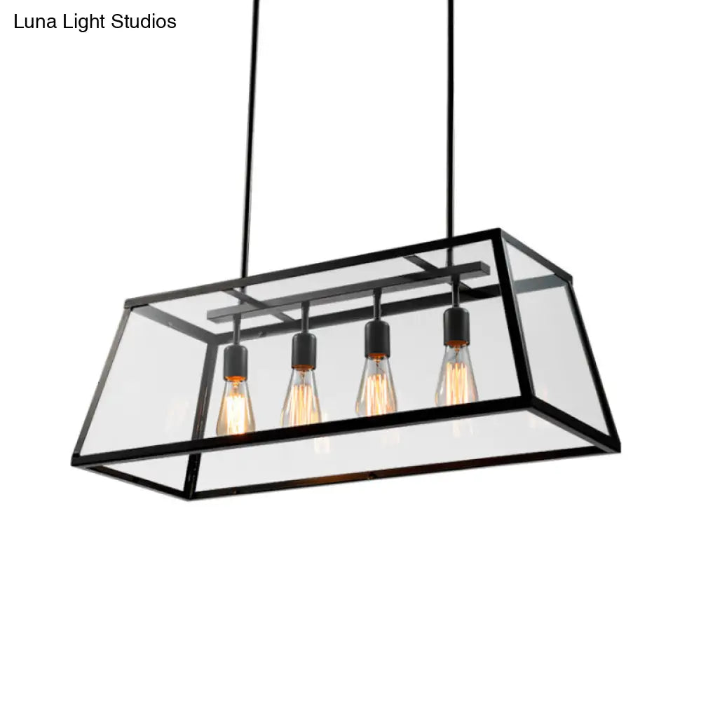 Industrial Trapezoid 4-Light Island Lamp In Black With Clear Glass And Chain/Downrods