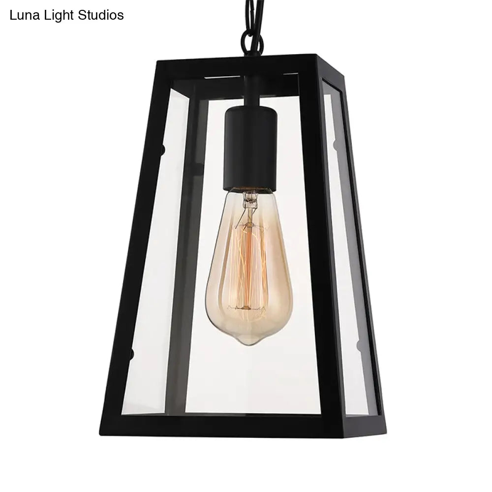 Industrial Trapezoid Pendant Light With Clear Glass & Black Finish 7’/12’ Wide