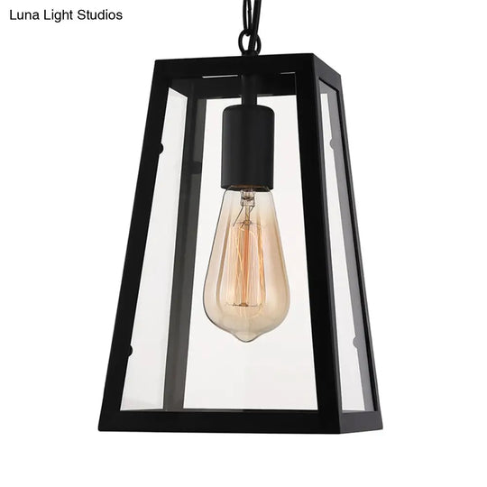 Industrial Trapezoid Pendant Light With Clear Glass & Black Finish 7’/12’ Wide